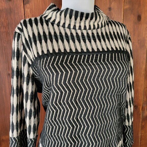 Anthropologie Uncle Frank L Black Tan Chevron Retro Mod Shift Dress 3/4 Sleeve - Picture 3 of 11